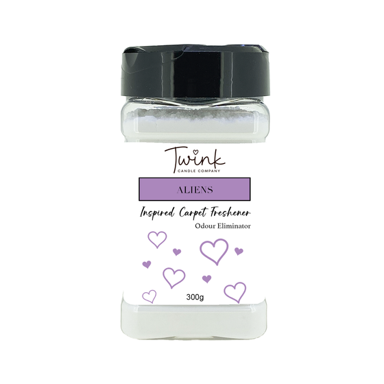 Aliens inspired carpet freshener by Twink Candle Company, a 300g odour-eliminating shaker jar on a white background