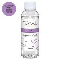 Aliens 100ml reed diffuser refill bottle by Twink Candle Company on a white background, supplied with six free reeds
