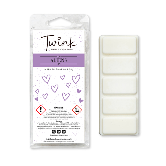 Aliens inspired soy wax melt snap bar with its five break-apart wax melts on a white background, by Twink Candle Company