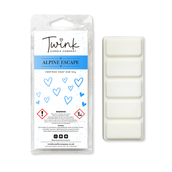 Alpine Escape inspired soy wax melt snap bar with its five break-apart wax melts on a white background, by Twink Candle Company