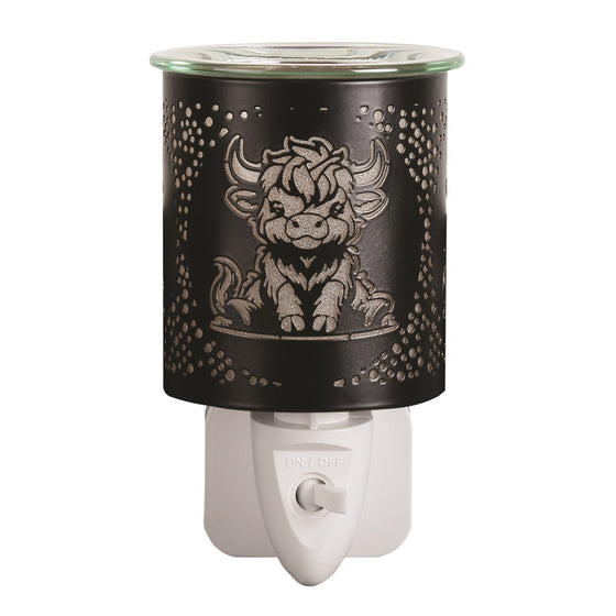 Black and gold Highland cow silhouette plug-in wax melt burner glowing on a white background