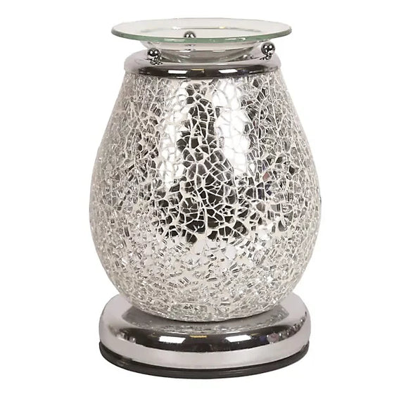 Jupiter touch wax melter by Twink Candle Company, silver mosaic glass on a chrome base