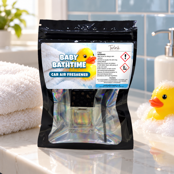 Baby Bathtime car air freshener by Twink Candle Company, packet styled in a home setting