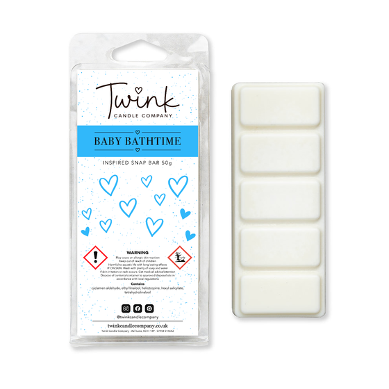 Baby Bathtime soy wax melt snap bar with its five break-apart wax melts on a white background, by Twink Candle Company