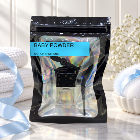 Baby Powder car air freshener by Twink Candle Company, hanging vent diffuser styled in a home setting
