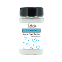 Baby Powder inspired carpet freshener by Twink Candle Company, a 300g odour-eliminating shaker jar on a white background