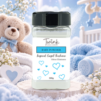Baby Powder inspired carpet freshener by Twink Candle Company, a 300g odour-eliminating shaker jar shown in a themed setting