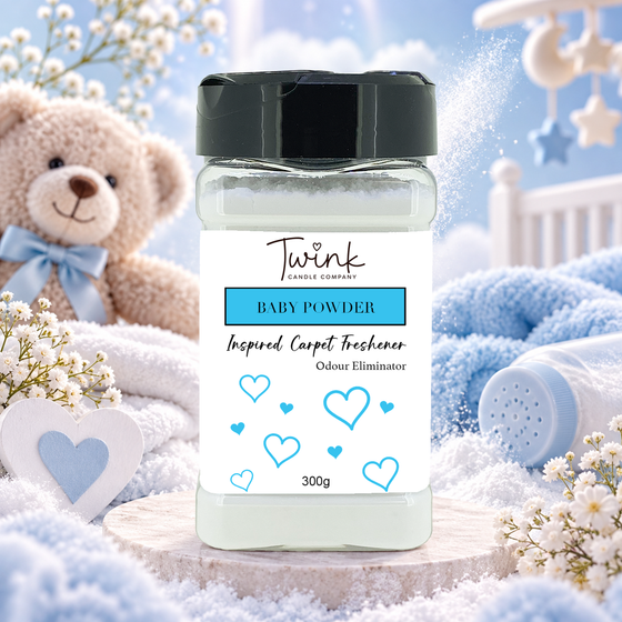 Baby Powder inspired carpet freshener by Twink Candle Company, a 300g odour-eliminating shaker jar shown in a themed setting