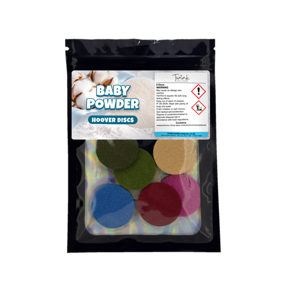 Baby Powder scented hoover discs by Twink Candle Company, pack of 8 on a white background