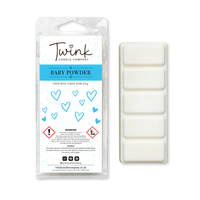 Baby Powder soy wax melt snap bar with its five break-apart wax melts on a white background, by Twink Candle Company