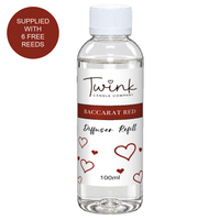 Baccarat Red 100ml reed diffuser refill bottle by Twink Candle Company on a white background, supplied with six free reeds