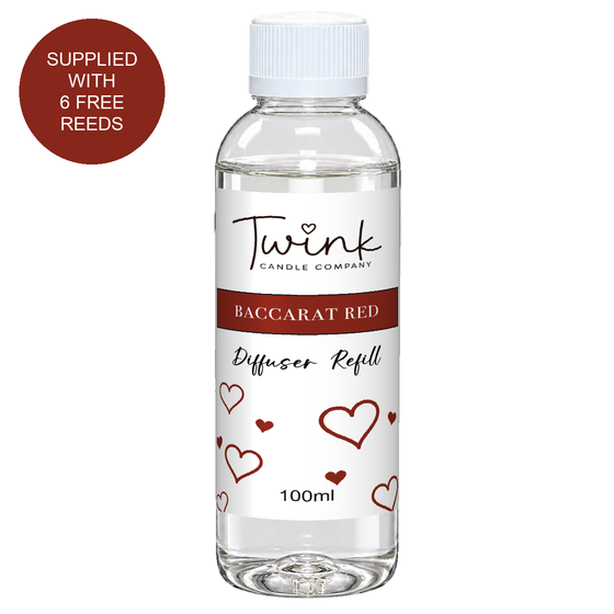 Baccarat Red 100ml reed diffuser refill bottle by Twink Candle Company on a white background, supplied with six free reeds