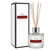 Baccarat Red reed diffuser by Twink Candle Company, a 100ml glass bottle with reeds beside its white gift box on a plain white background