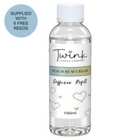 Beach Bum Cream 100ml reed diffuser refill bottle by Twink Candle Company on a white background, supplied with six free reeds