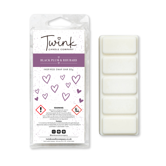 Black Plum & Rhubarb soy wax melt snap bar with its five break-apart wax melts on a white background, by Twink Candle Company