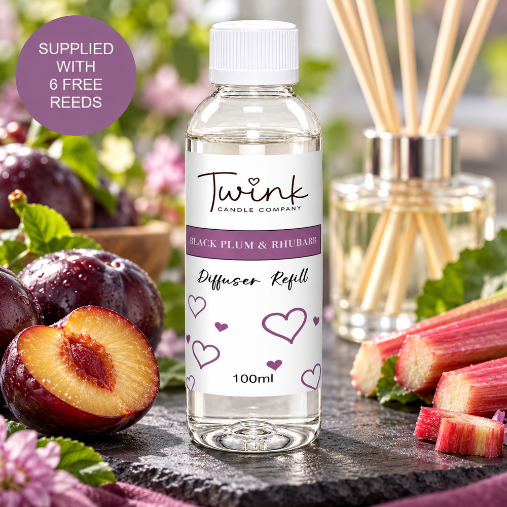 Black Plum & Rhubarb reed diffuser refill by Twink Candle Company, a 100ml bottle on a slate board with fresh plums and cut rhubarb