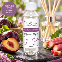 Black Plum & Rhubarb reed diffuser refill by Twink Candle Company, a 100ml bottle on a slate board with fresh plums and cut rhubarb
