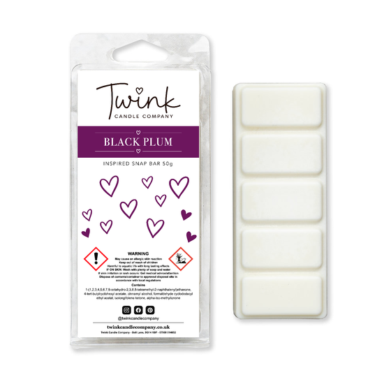 Black Plum soy wax melt snap bar by Twink Candle Company shown with its five break-apart melts on a white background