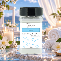 Bliss Unstoppables inspired carpet freshener by Twink Candle Company, a 300g odour-eliminating shaker jar shown in a themed setting