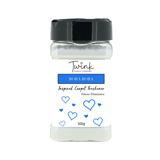 Bora Bora inspired carpet freshener by Twink Candle Company, a 300g odour-eliminating shaker jar on a white background