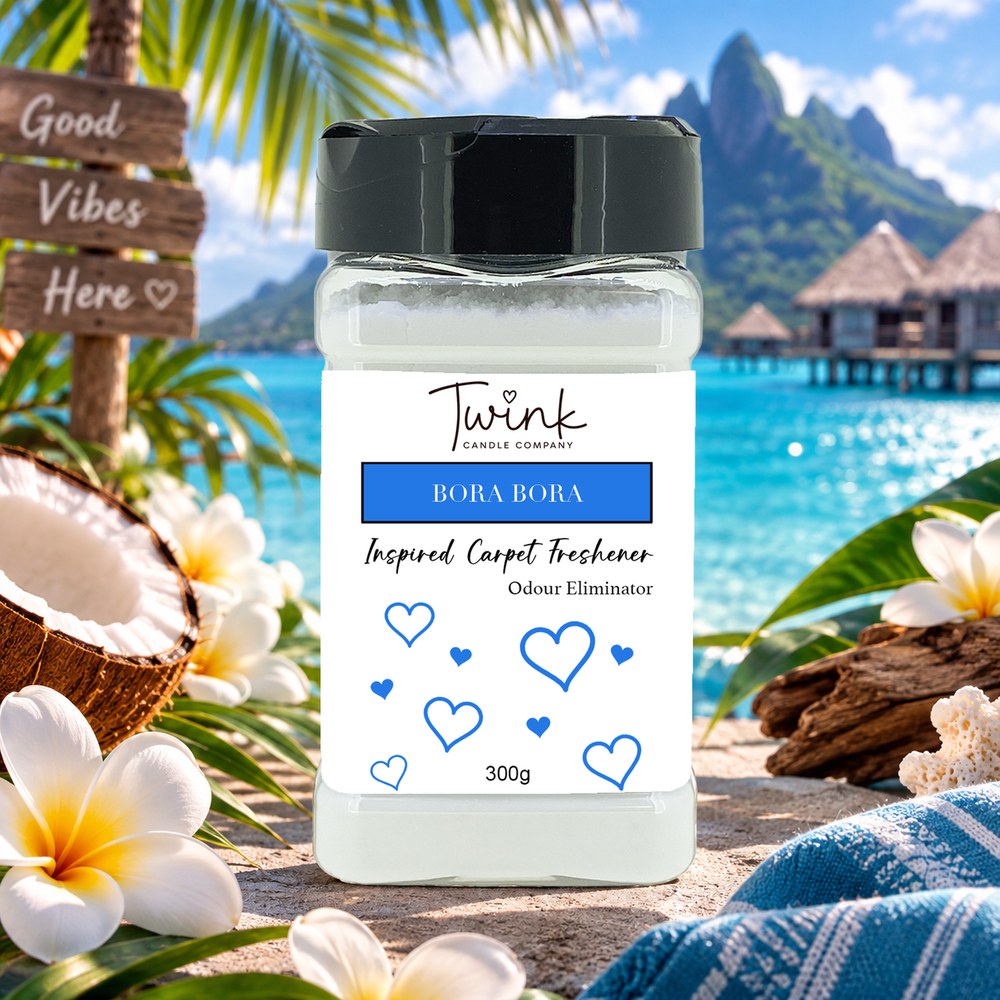 Bora Bora inspired carpet freshener by Twink Candle Company, a 300g odour-eliminating shaker jar shown in a themed setting