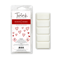 Burning Cherry soy wax melt snap bar with its five break-apart wax melts on a white background, by Twink Candle Company
