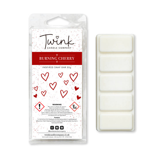 Burning Cherry soy wax melt snap bar with its five break-apart wax melts on a white background, by Twink Candle Company