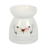 Butterflies Appear wax and oil burner by Twink Candle Company, a white ceramic burner with a butterfly wreath and memorial verse