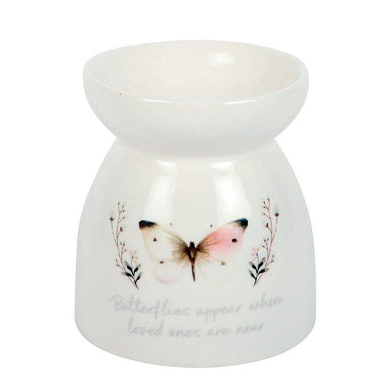Butterflies Appear wax and oil burner by Twink Candle Company, a white ceramic burner with a butterfly wreath and memorial verse