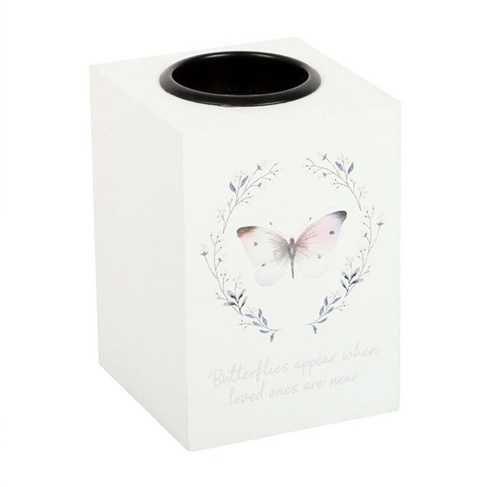 Butterflies Appear t-light holder by Twink Candle Company, a white cube holder with a butterfly wreath and verse