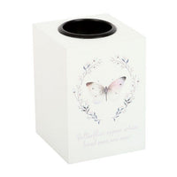 Butterflies Appear t-light holder by Twink Candle Company, a white cube holder with a butterfly wreath and verse