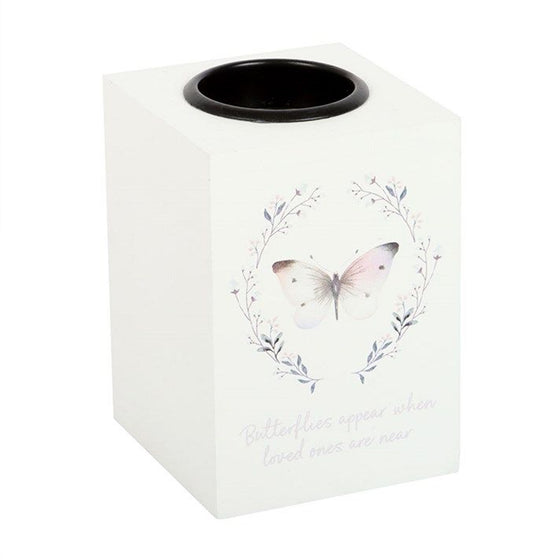 Butterflies Appear t-light holder by Twink Candle Company, a white cube holder with a butterfly wreath and verse
