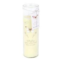 Butterflies Appear tube candle by Twink Candle Company, a tall glass candle with a butterfly label and gift tag