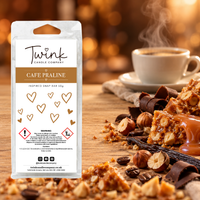 Cafe Praline inspired soy wax melt snap bar by Twink Candle Company, with a steaming coffee, praline, hazelnuts and chocolate
