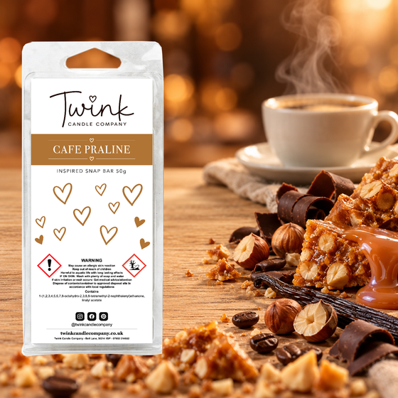 Cafe Praline inspired soy wax melt snap bar by Twink Candle Company, with a steaming coffee, praline, hazelnuts and chocolate