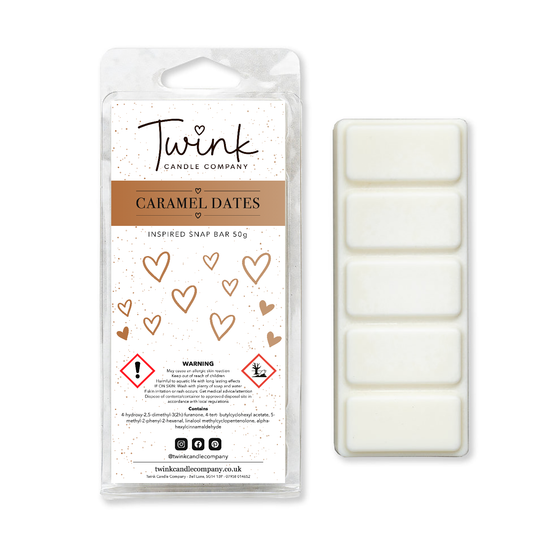 Caramel Dates inspired soy wax melt snap bar with its five break-apart wax melts on a white background, by Twink Candle Company