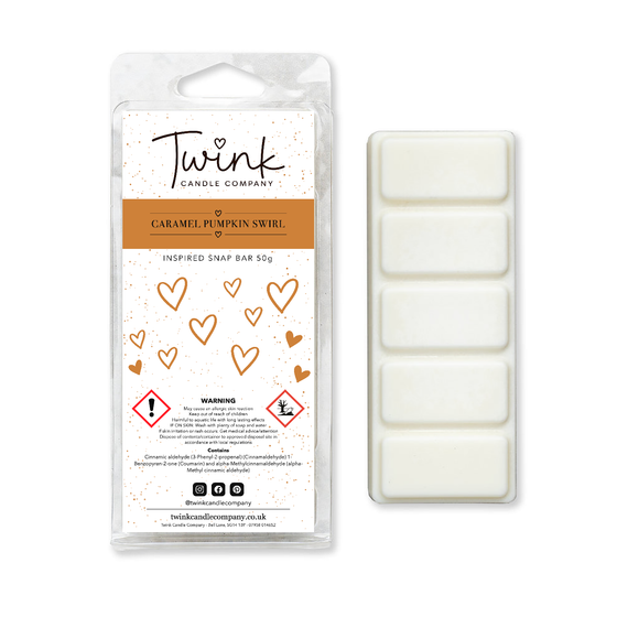 Caramel Pumpkin Swirl soy wax melt snap bar with its five break-apart wax melts on a white background, by Twink Candle Company