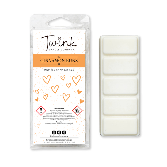 Cinnamon Buns inspired soy wax melt snap bar with its five break-apart wax melts on a white background, by Twink Candle Company