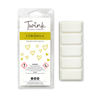 Citronella soy wax melt snap bar with its five break-apart wax melts on a white background, by Twink Candle Company