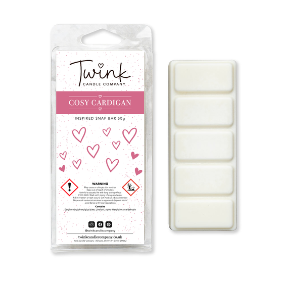 Cosy Cardigan soy wax melt snap bar with its five break-apart wax melts on a white background, by Twink Candle Company