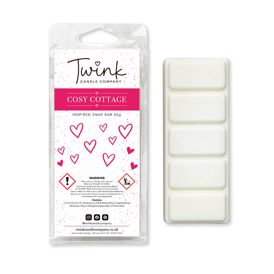 Cosy Cottage soy wax melt snap bar with its five break-apart wax melts on a white background, by Twink Candle Company