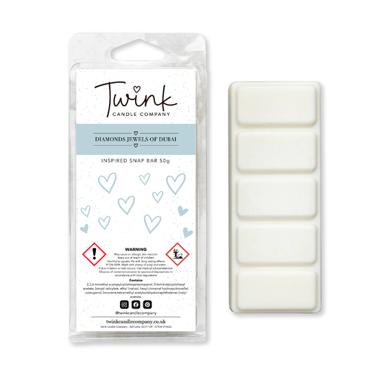 Diamonds (Jewels of Dubai) inspired soy wax melt snap bar with its five break-apart wax melts on a white background, by Twink Candle Company