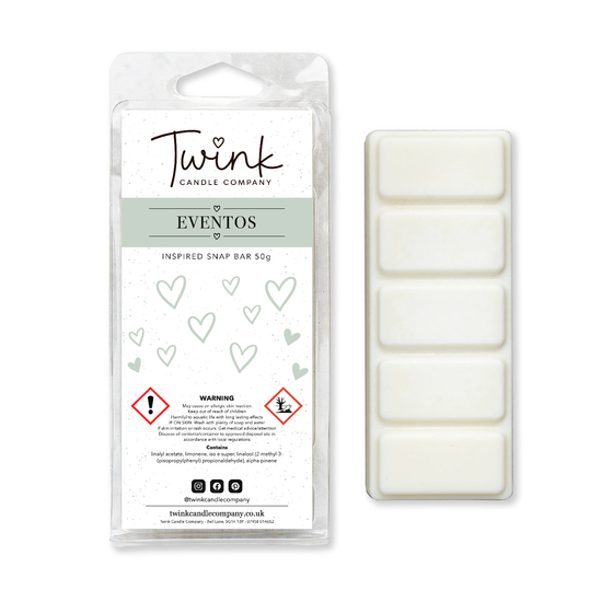 Eventos inspired soy wax melt snap bar with its five break-apart wax melts on a white background, by Twink Candle Company