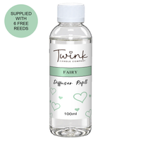 Fairy 100ml reed diffuser refill bottle by Twink Candle Company on a white background, supplied with six free reeds