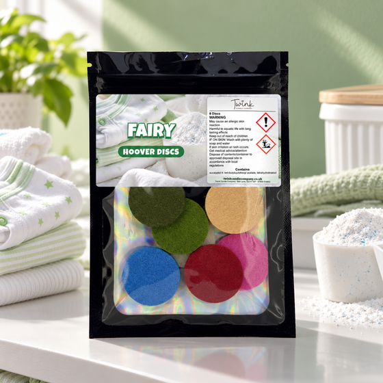 Fairy scented hoover discs by Twink Candle Company, pack of 8 styled in a home setting