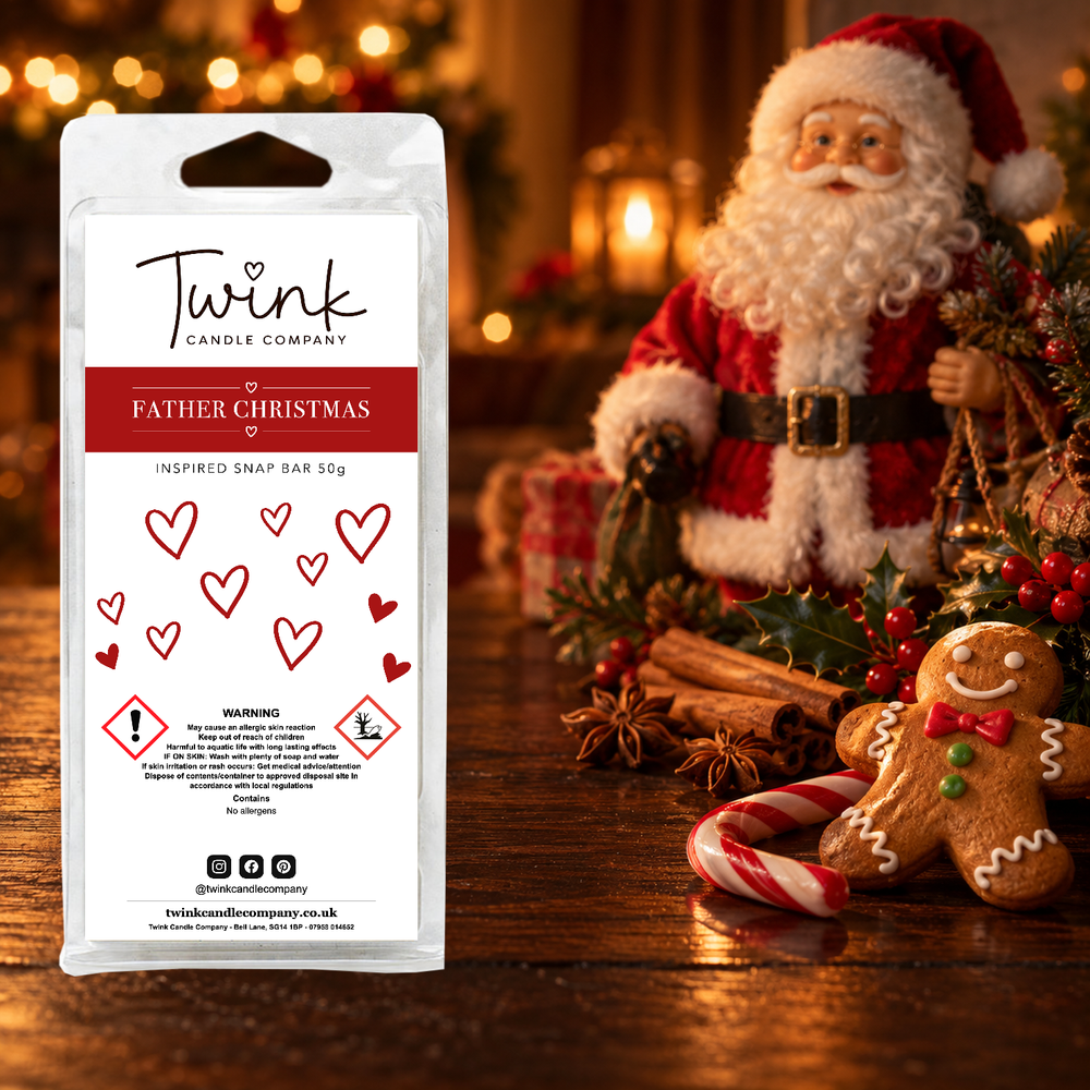 Father Christmas inspired soy wax melt snap bar by Twink Candle Company, stood on a dark wood table with a Father Christmas figure, gingerbread man and candy cane behind