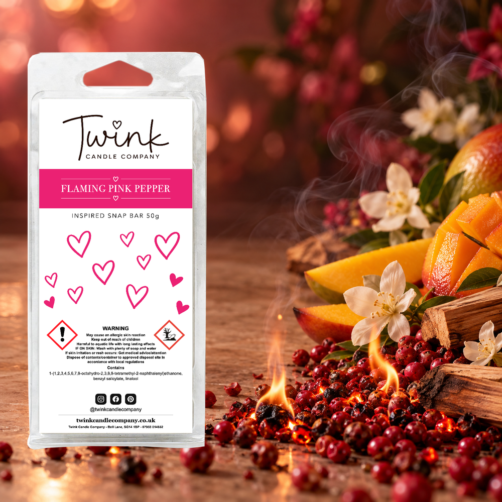 Flaming Pink Pepper inspired soy wax melt snap bar by Twink Candle Company, with smouldering pink peppercorns, mango and jasmine