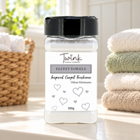 Fluffy Towels (300g) inspired carpet freshener — 300g odour-eliminating shaker jar shown in a themed setting