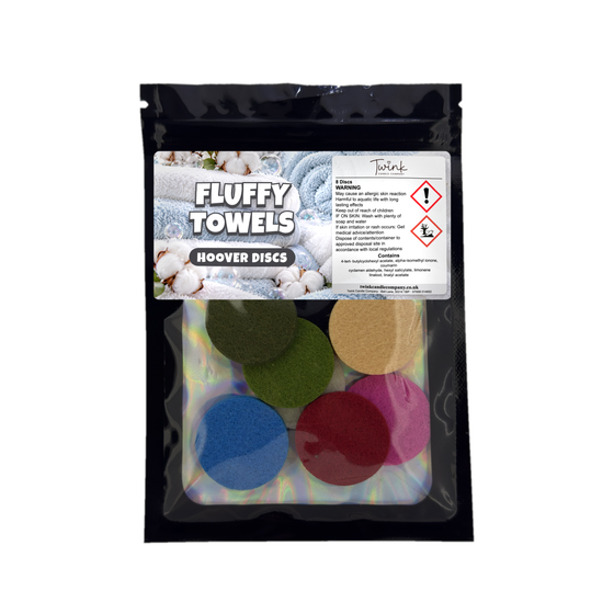 Fluffy Towels scented hoover discs by Twink Candle Company, pack of 8 on a white background