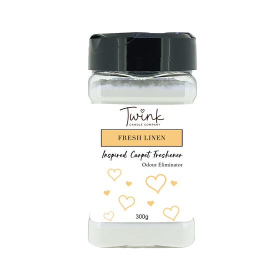 Fresh Linen (300g) inspired carpet freshener shaker jar on a white background
